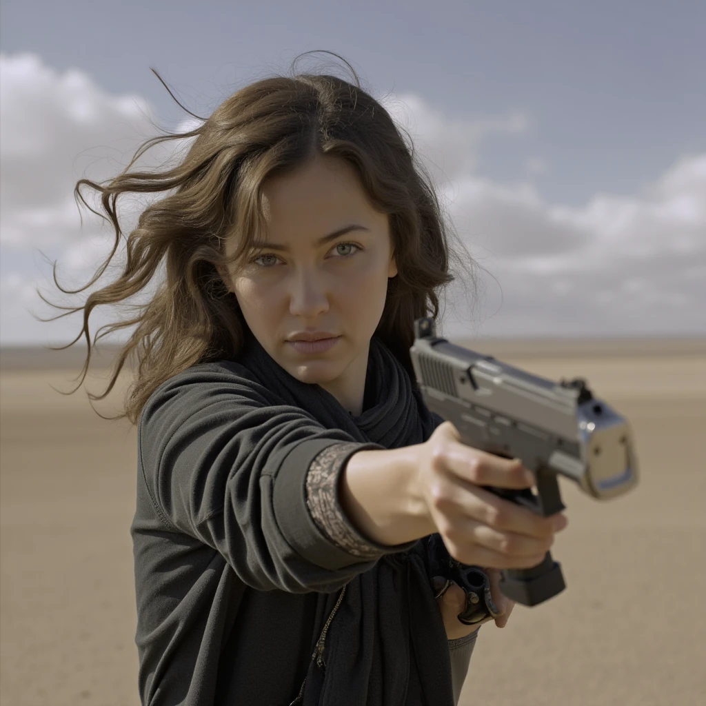 Dystopian style,  <lora:dystopian style Mad Max v1:0.8>
In a dystopian world - The collapse of society Young Warrior Woman a woman holding a gun in a desert, 1girl, solo, looking at viewer, holding, weapon, one eye closed, sky, cloud, holding weapon, gun, holding gun, handgun, realistic, revolver, aiming, aiming at viewer, action movie themed, sharp, detailed, epic cinematic photography, artistic, dramatic light, cinematic color style, Kodak film style, Mad Max Fury Road style, long hair, brown hair, black hair, messy hair, Bleak, post-apocalyptic, somber, dramatic, highly detailed