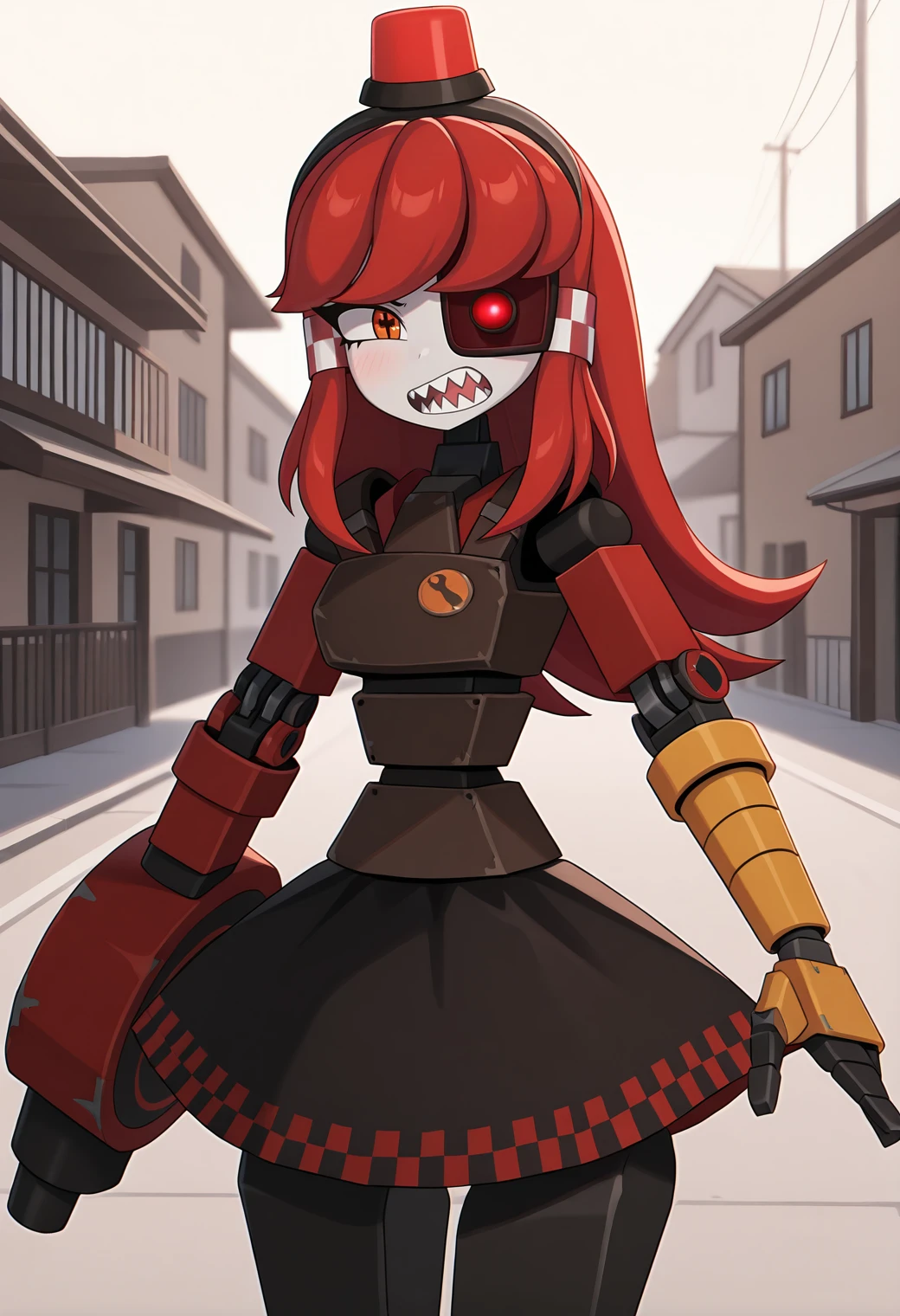 highres, best quality, masterpiece, outdoors, 
solo, 1girl, mimistrytf, mechanical eye, red hair, orange eyes, red eyes, long hair, hair tubes, mini hat, alarm siren, symbol-shaped pupils,
robot girl, black skirt, robot joints, red arm, yellow arm,
looking at viewer, sharp teeth, 
standing, arm cannon, angry,
<lora:_mimi_sentry-elesico-ilxlDB:1.25>