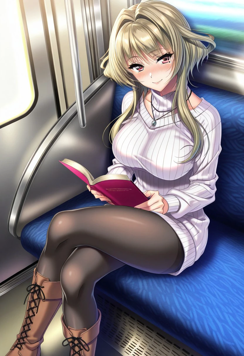 masterpiece, best quality, newest, highres, uncensored, 1girl, yokota mamoru style,1girl, slender face，motion lines,blush,torogao,looking at the viewer,seductive smile
Kanbayashi Mizuki,Blonde Yellow Hair, Intake Hair, Long Hair, Sidehair,Grey Eyes,Heterochromia, Tsurime, Violet Eyes,Medium Breasts, One Mole,Slim,Pendant Necklace
1girl,solo
1girl, mole under eye, pantyhose, solo, crossed legs, mole, sitting, blush, boots, black pantyhose, necklace, blonde hair, jewelry, breasts, train interior, heterochromia, large breasts, smile, book, sweater, 1girl, mole under eye, pantyhose, solo, crossed legs, mole, sitting, blush, boots, black pantyhose, necklace, blonde hair, jewelry, breasts, train interior, heterochromia, large breasts, smile, book, sweater