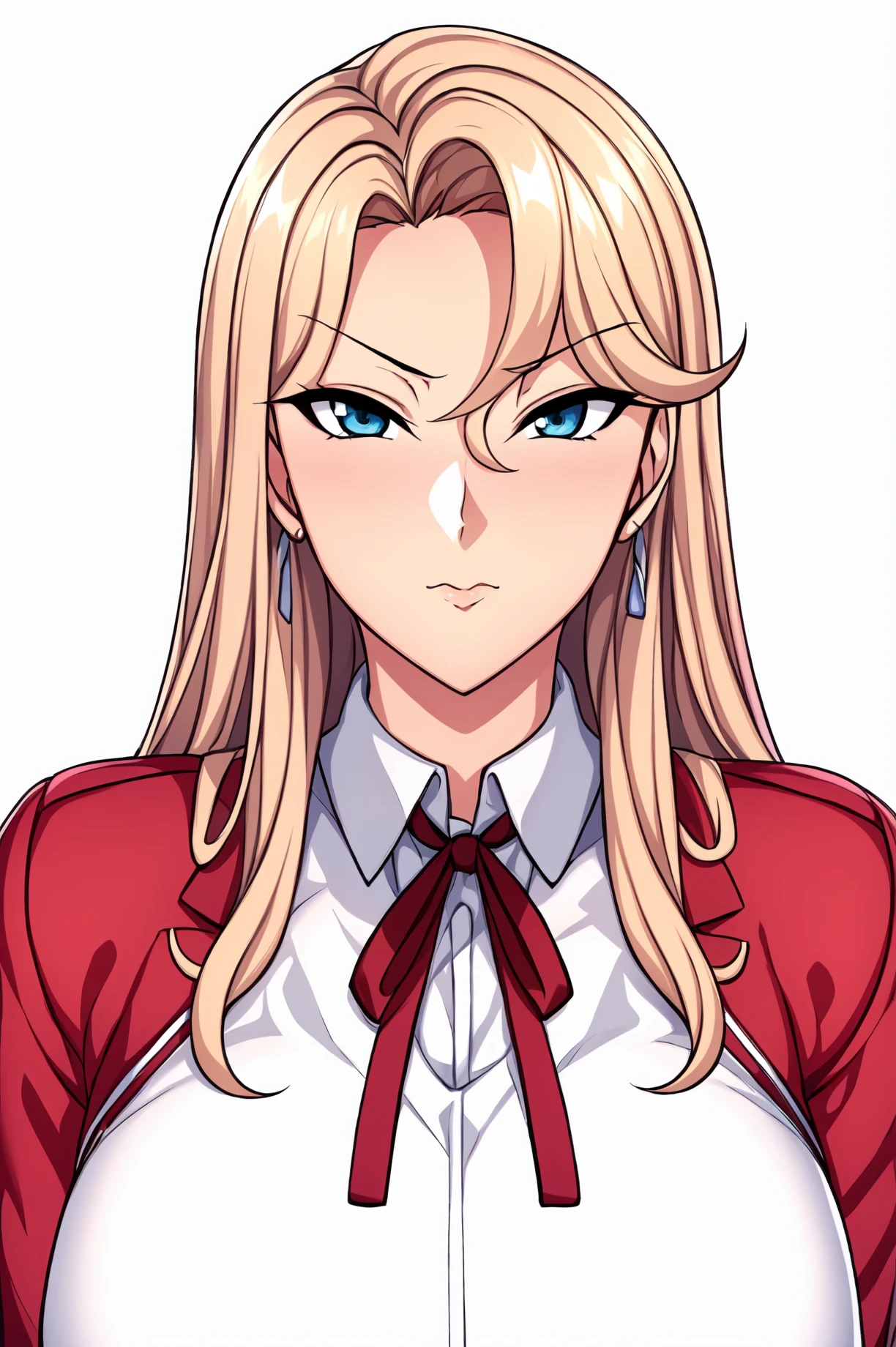 Simple Background,(White_Background:1.1),
dynamic pose,standing at attention,
school_uniform,Red_jacket,neck ribbon, Red_pleated_skirt,long sleeves, White collared shirt,
<lora:Reika_Kurashiki_SaiminSeishidouSL-KK77-V2:0.7>, Reika_Kurashiki_SaiminSeishidouSL,
bangs, blonde_hair, blue_eyes, long_hair,Makeup, red lipstick,
<lora:more_details:0.1>,<lora:NovelAI_YesMix5_KKStyle-KK77-Yes5-V1:0.3>,<lora:Oda_Non_Style2-KK77-Yes5-V1:0.3>,
1 girl, 20yo,Young female,Beautiful long legs,Beautiful body,
Beautiful Nose,Beautiful character design, perfect eyes, perfect face,expressive eyes,perfect balance,
looking at viewer,(Focus on her face),closed mouth, (innocent_big_eyes:1.0),
official art,extremely detailed CG unity 8k wallpaper, perfect lighting,Colorful, Bright_Front_face_Lighting,White skin,
(masterpiece:1.0),(best_quality:1.0), ultra high res,4K,ultra-detailed,
photography, 8K, HDR, highres, absurdres:1.2, Kodak portra 400, film grain, blurry background, bokeh:1.2, lens flare, (vibrant_color:1.2),professional photograph,
(Beautiful,large_Breasts:1.4), (beautiful_face:1.5),(narrow_waist),