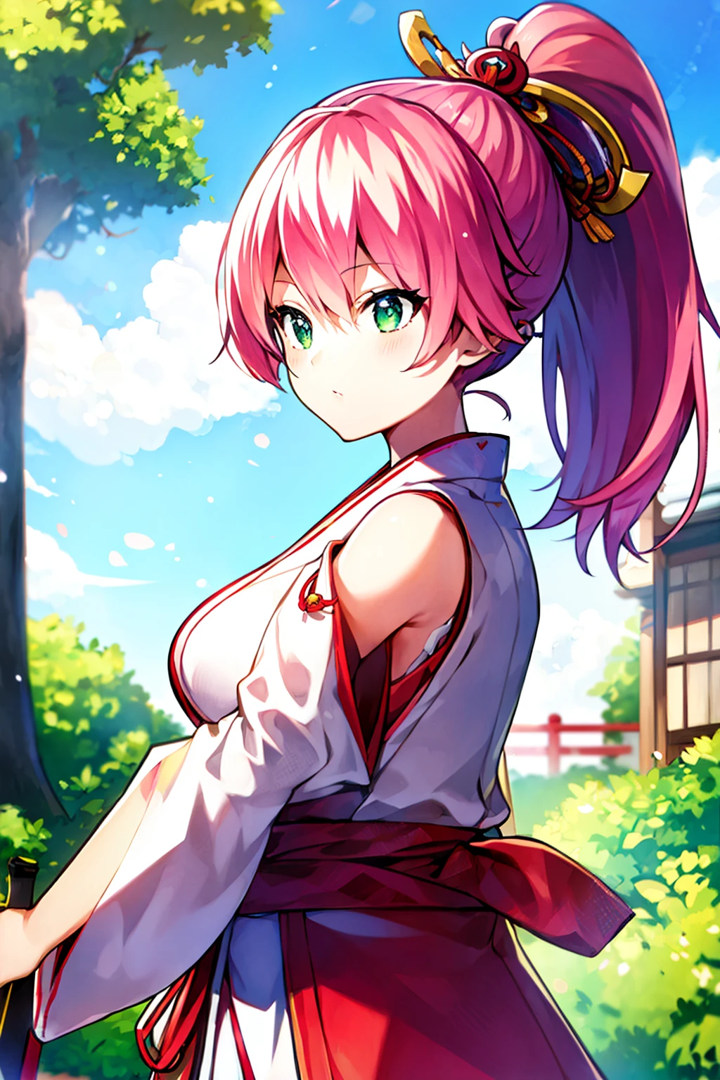 masterpiece, best quality, highres,  <lora:megumi_V1:1> 1Japanese girl, mgmaikw, pink hair, ponytail, miko,  big sword