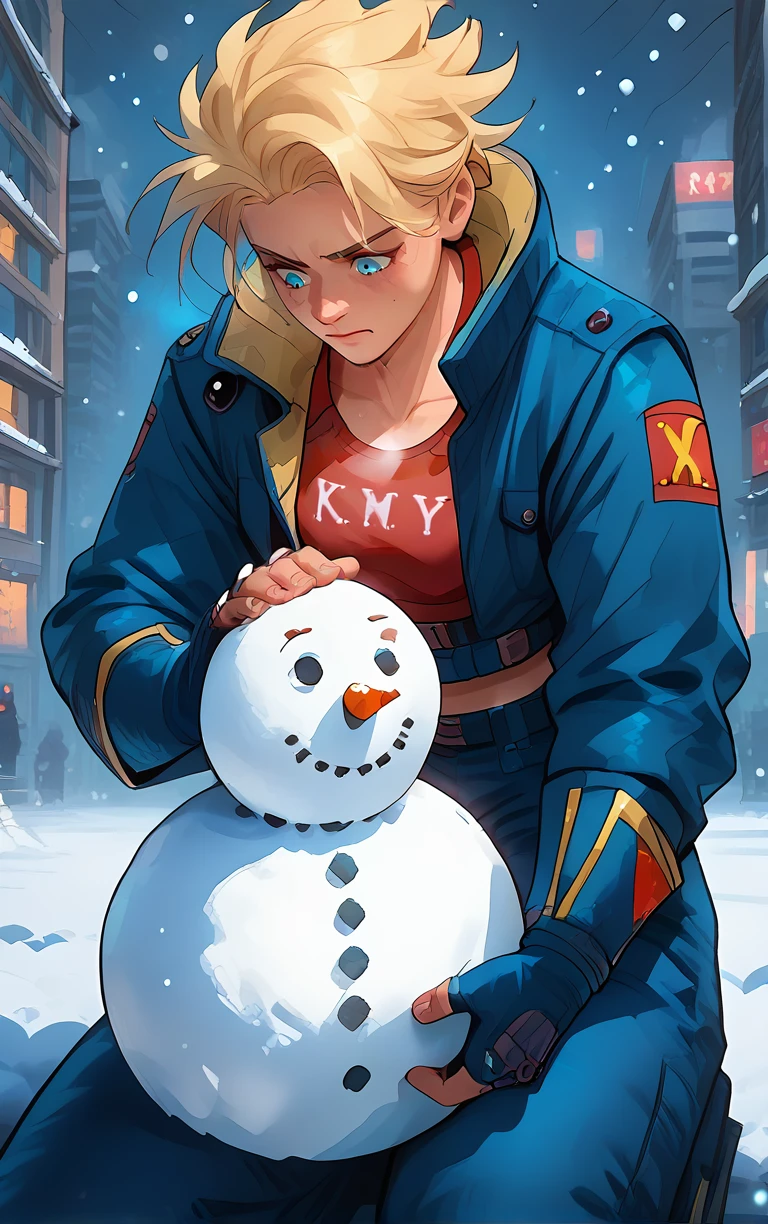 sh1n4norm, blue jacket, red kfm shirt, blue pants, fingerless gloves, blue bracers, spikey hair, bangs, blonde hair, midriff, sn0wm4n, snowman, top hat, winter cyberpunk city scene, snowing, <lora:shina_3forms-_bloody_roar_v1:1.0>, <lora:build_a_snowman_concept_v1:0.9>, score_9, score_8_up, score_7_up, score_6_up, score_5_up, score_4_up,