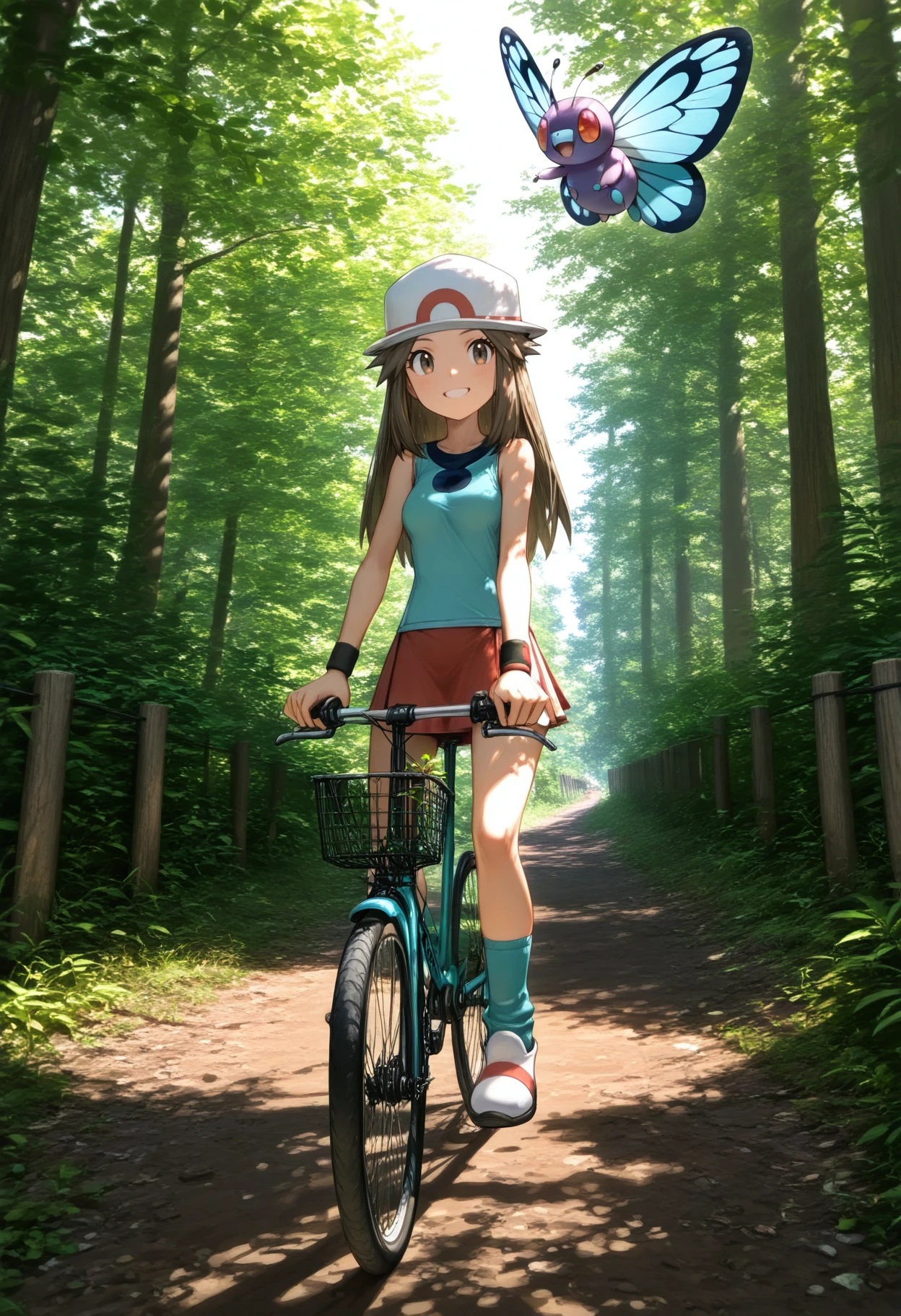 solo,
1girl,
smile,
cowboy shot,
riding,bicycle,riding bicycle,
Butterfree,pokemon \(creature\), pokemon \(anime\), 
nature,outdoors,tree,forest,day,sunlight,sky,plant,grass,fence,dirt road,
poke ball,
<lora:99coins_japanese_central_forest_illu:0.8>,
masterpiece,best quality,
<lora:Leafillustrious:1>,L34f,brown hair,long hair,brown eyes,default outfit,white headwear,blue shirt,sleeveless,red skirt,black wristband,blue socks,white footwear,