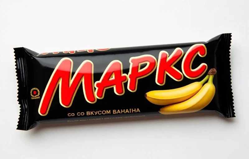 chocolate bar. Big red text "MAPKC" on a dark pack of a Mars chocolate bar. A banana on a pack.
Text at below: "co BKYCOM ßAHAHA"