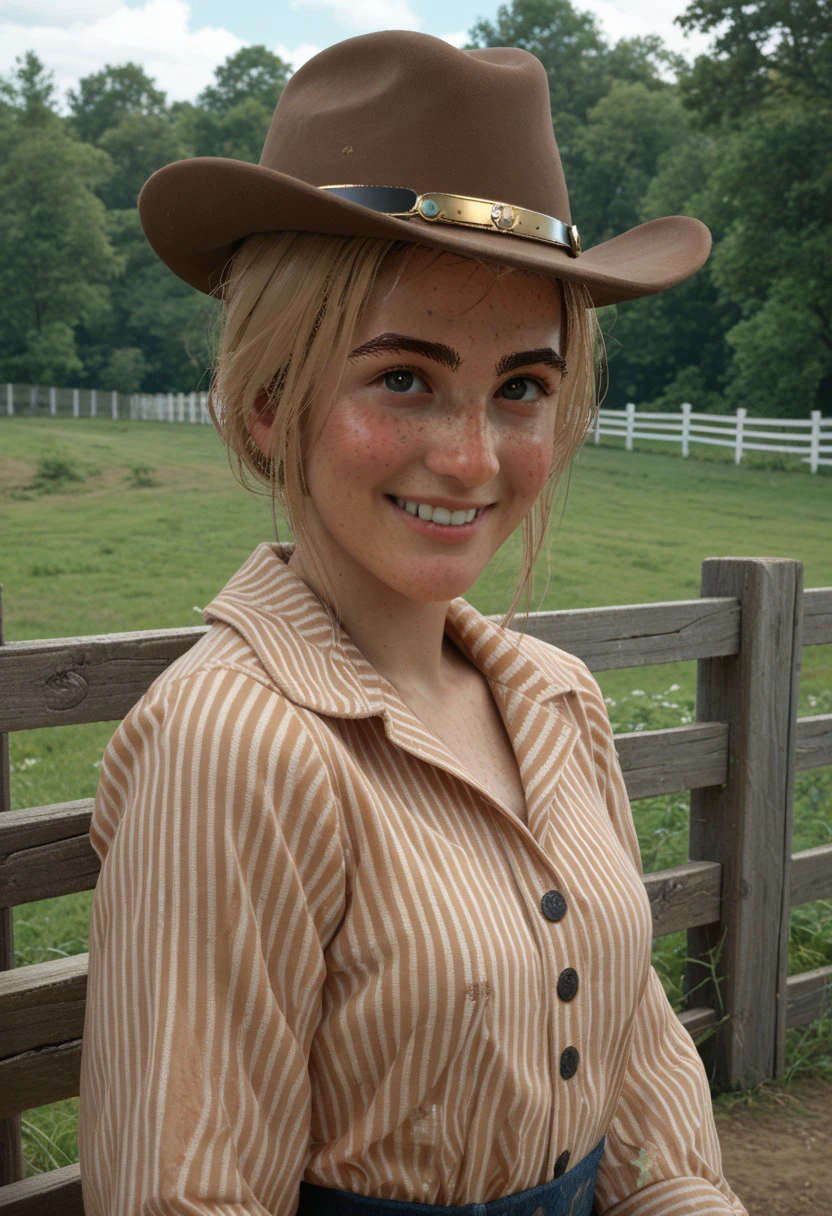 score_9, score_8_up, score_7_up Bonnie MacFarlane moles freckles sweet smile cowgirl hat , is repairing a fence  , on her ranch, , fisheye lens