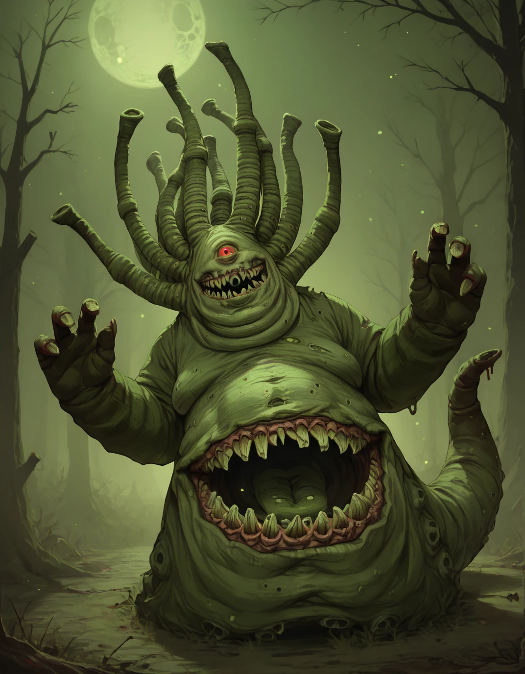 score_9, score_8_up, score_7_up, solo, horror, dark, night, horror theme, evil, menacing, sinister, green theme,
BeastOfNurgle, monster, stomach mouth, cyclops, red eye, glowing eye, tentacle hair, slug tail, sharp teeth,
looking at viewer, 
 <lora:BeastOfNurgle_PonyXL:0.9>