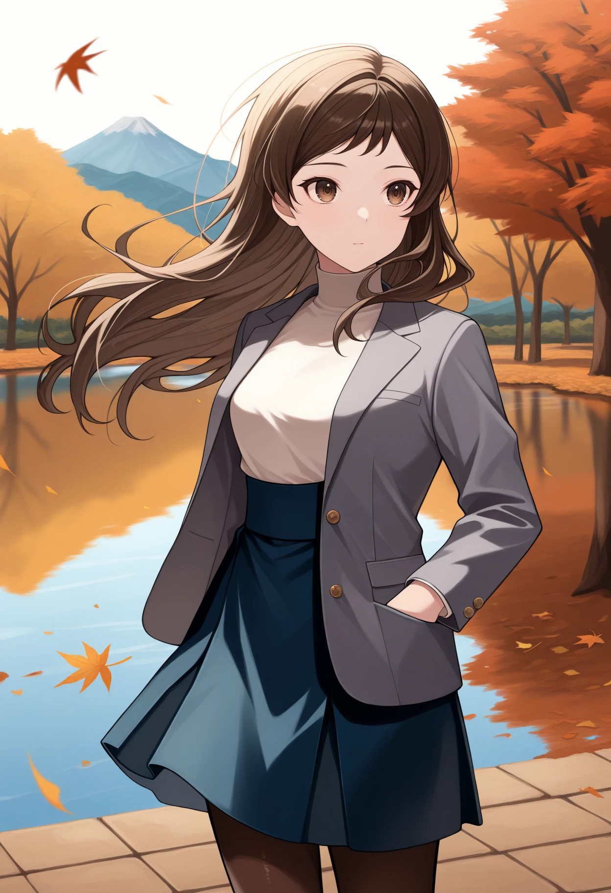 masterpiece, best quality, 1girl, solo, K1tazawaSh1ho, brown eyes, brown hair, long hair, looking to the side, grey blazer, white turtleneck, high-waist skirt, blue skirt, pantyhose, hands in pocket, outdoors, autumn, lake, tree, mountain, falling leaves, wind, <lora:ChamShihoKitazawaIllustriousXL:1>