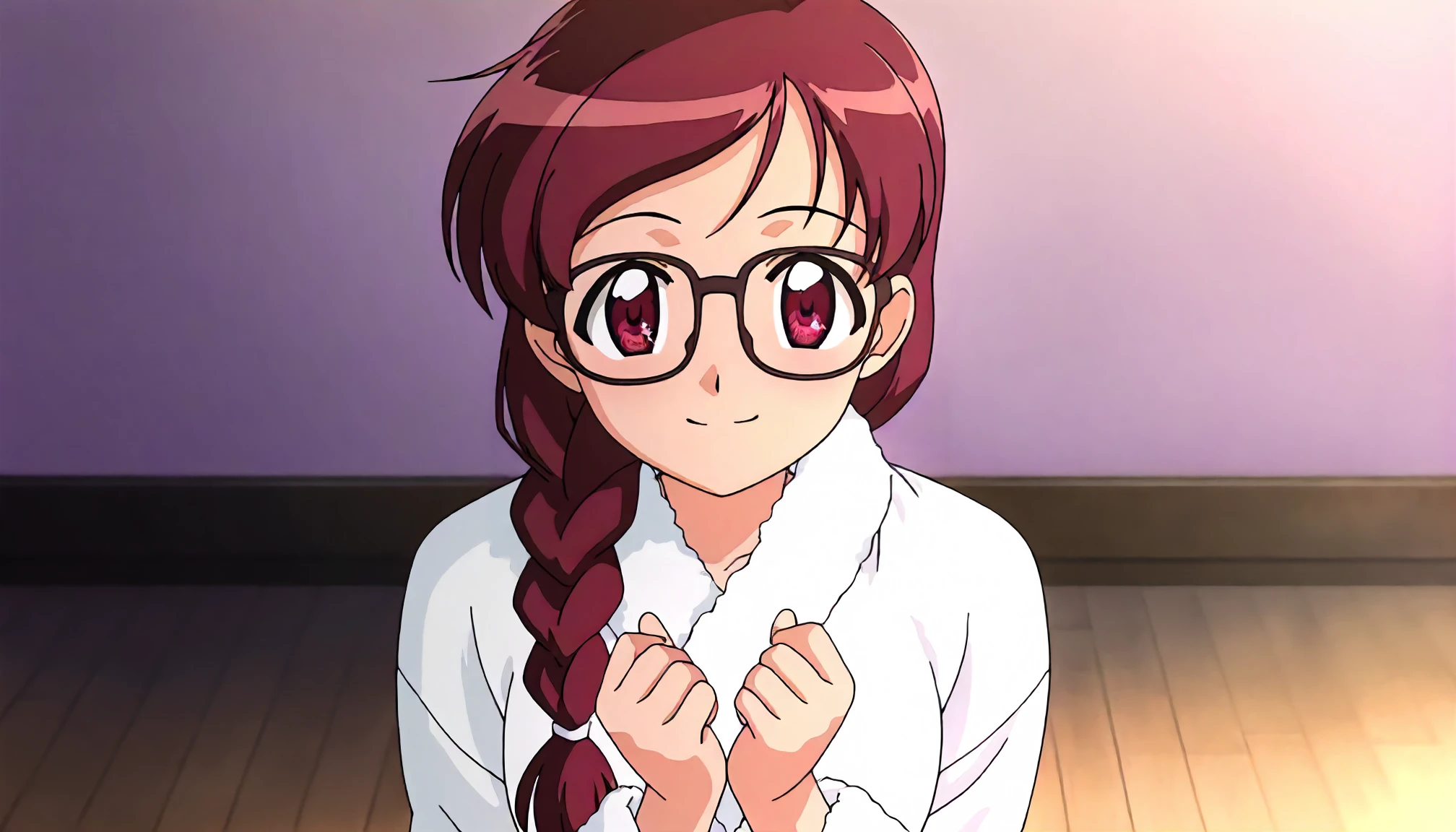 <lora:AYA_minazuki_taekoXLIllustrious001>,
masterpiece,best quality,good quality,newest,
detailed background,glitter,
smile,
looking at viewer,
solo,
anime coloring,
minazuki_taeko\(final romance2\),1girl,red brown hair,single braid,red brown eyes,
glasses,
white bathrobe,
standing,