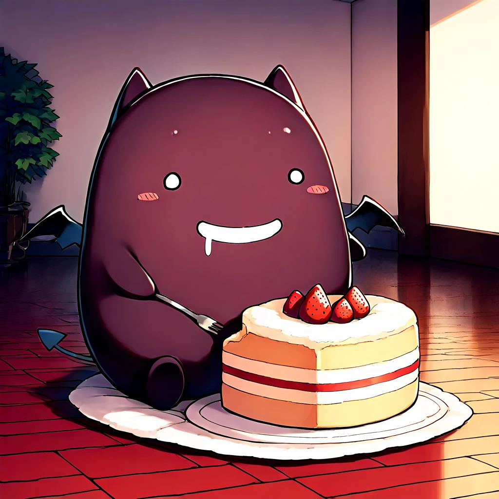 solo, no humans, creature, deviruchi, drooling, holding fork,
sitting, huge strawberry shortcake, indoors,
highly detailed background, masterpiece, best quality, newest, absurdres, highres,