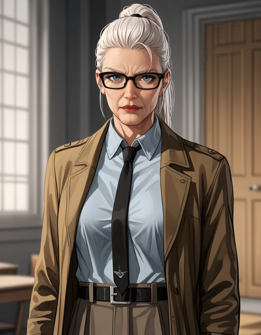 comic PonyXLV6_Scores, NEGATIVE_HANDS, fixl-art ,detailed,   <lora:Commissioner_Gordon:0.8>solo, white hair, ponytail, black-framed eyewear, indoors, gun, belt, old woman, black necktie, blue eyes, khaki coat, collared shirt, portrait, G0rd0n, 1girl, large breasts, source_cartoon, western cartoon,toon \(style\),  . graphic illustration, comic art, graphic novel art, vibrant, highly detailed