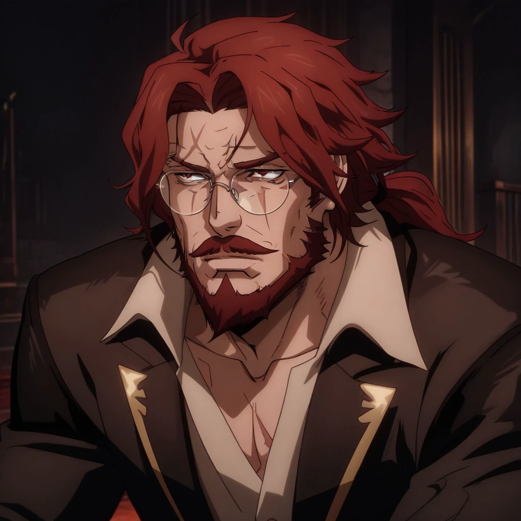 masterpiece, best quality, newest, absurdres, highres, anime, anime style, CastleVaniaStyle-IL.V1.0 1boy, glasses, red hair, suit, round glasses, beard, facial hair, mustache, scar, scars on face