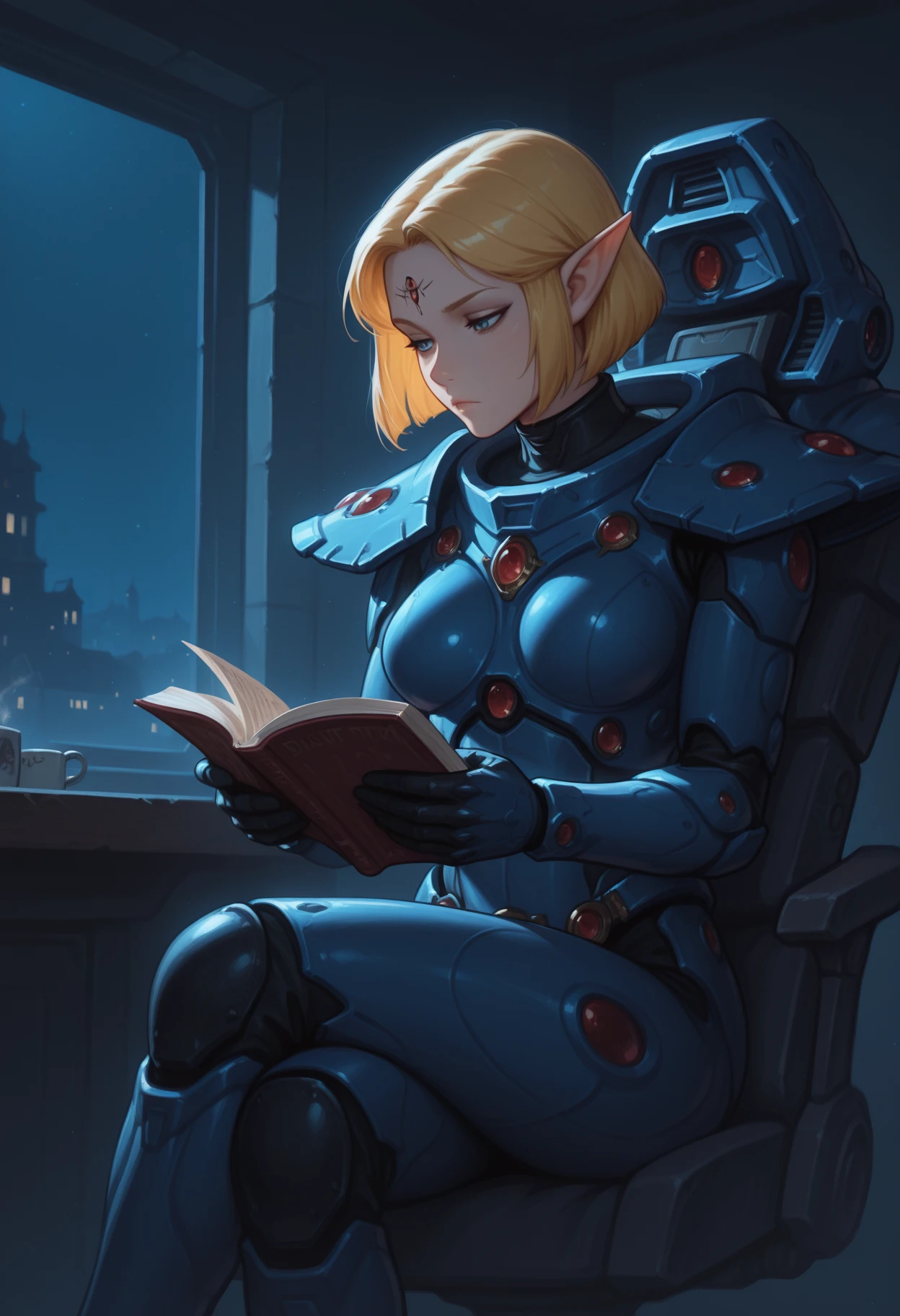 indoors, eldar
1girl, solo, <lora:eldar-il:1> aeldari-il, power armor, blonde hair, bob cut, pointy ears
sitting, crossed legs, bored, reading, masterpiece, best quality, dark, night, night time, dim lighting