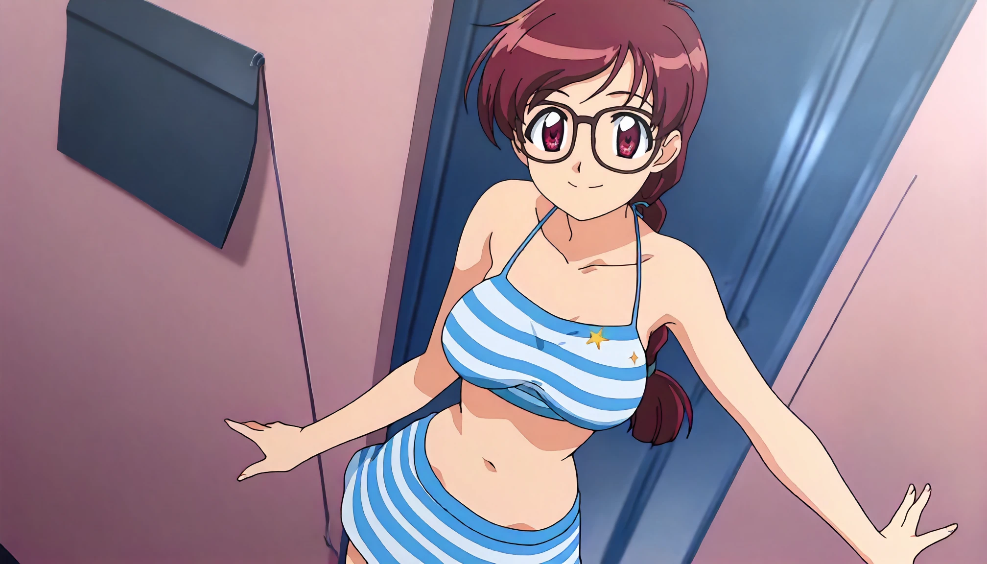 <lora:AYA_minazuki_taekoXLIllustrious001>,
masterpiece,best quality,good quality,newest,
detailed background,glitter,
smile,
looking at viewer,
solo,
anime coloring,
minazuki_taeko\(final romance2\),1girl,red brown hair,single braid,red brown eyes,
glasses,
striped crop top,striped skirt,blue swimsuit,skirt bikini,
standing,