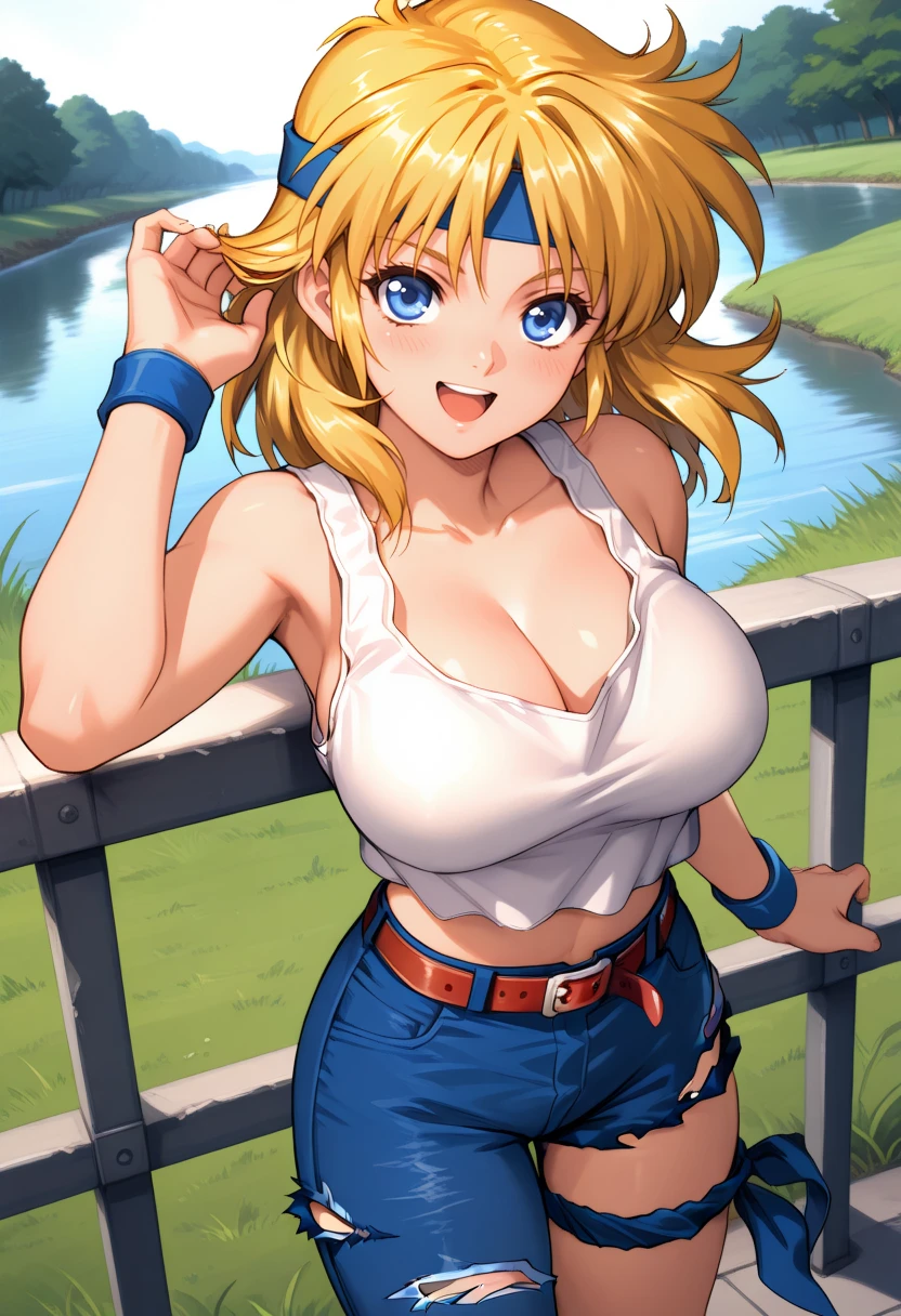 masterpiece, best quality, 1girl, solo, srw_ryune, <lora:ill_ryune:1>, super robot wars, cowboy shot, white tank top, belt, torn jeans, asymmetrical legwear, thigh strap, midriff, wristbands, large breasts, cleavage, blonde hair, bangs, blue headband, medium hair, blue eyes, looking at viewer, smile, open mouth, park, grass, river