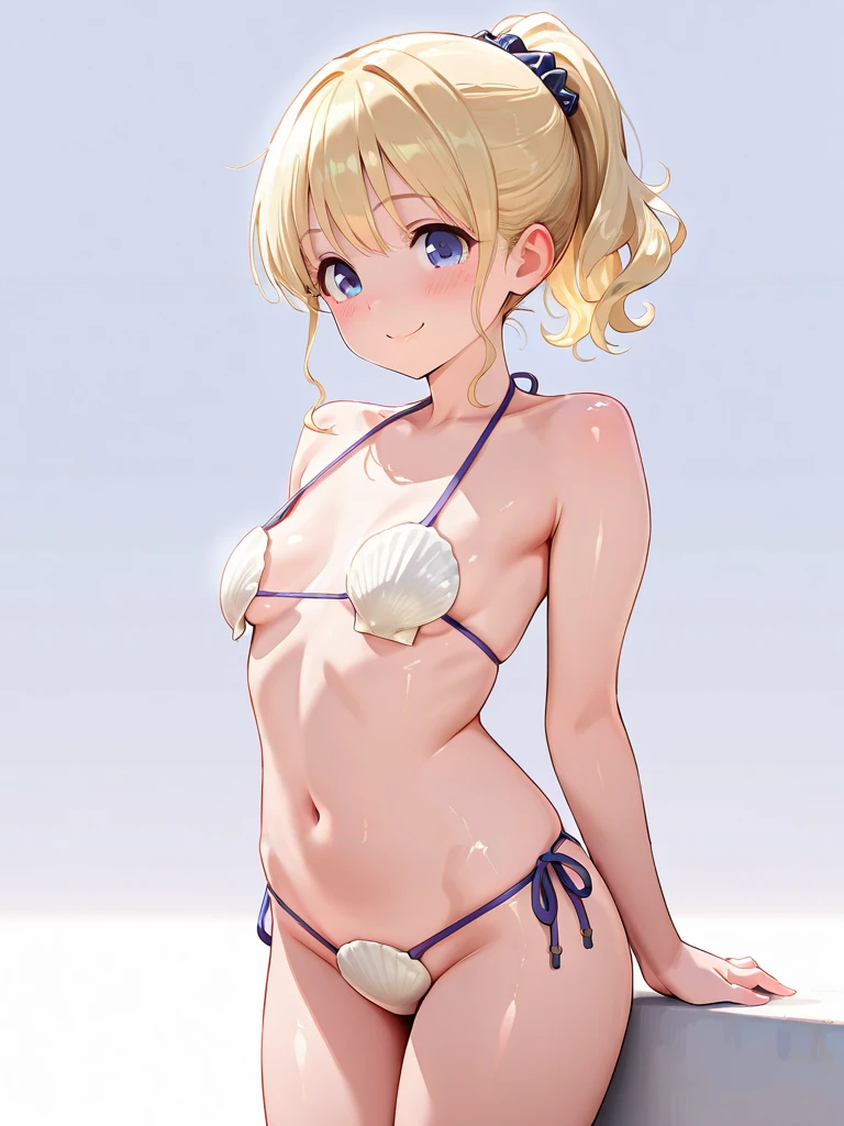 masterpiece,amazing quality,best quality,ultra-detailed,8K,illustration,CG,shiny hair,clear skin,ultra-detailed-eyes,simple background,blush,angle smile,ponytail,blonde hair,blue-purple shiny eyes,tareme,short hair,wavy hair,eyelashes,bangs,kawaii,cute girl,slender body,middle breasts,real skin <lora:shell bikini_illustrious_V1.0:0.7> shell bikini,thighs