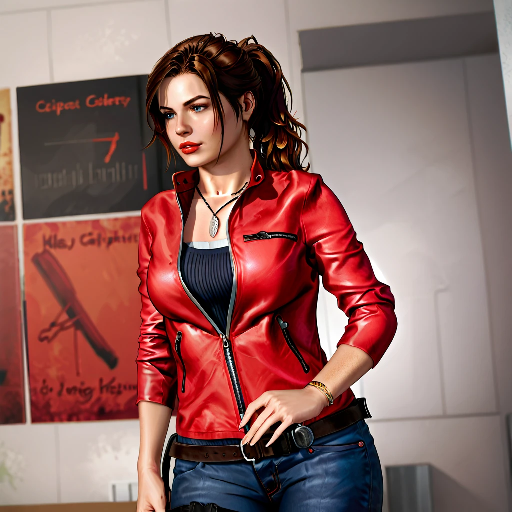 <lora:krysdecker_pony_v1:1> score_9, krysdecker_style, krysdecker, source_artwork  <lora:clairere2remake_pony_v1:.8> ClaireResidentEvil2Remake, 1girl, large breasts, denim, brown hair, belt, jewelry, red jacket, jeans, pants, ponytail, necklace, long hair, blue eyes, zipper, holster, cowboy shot