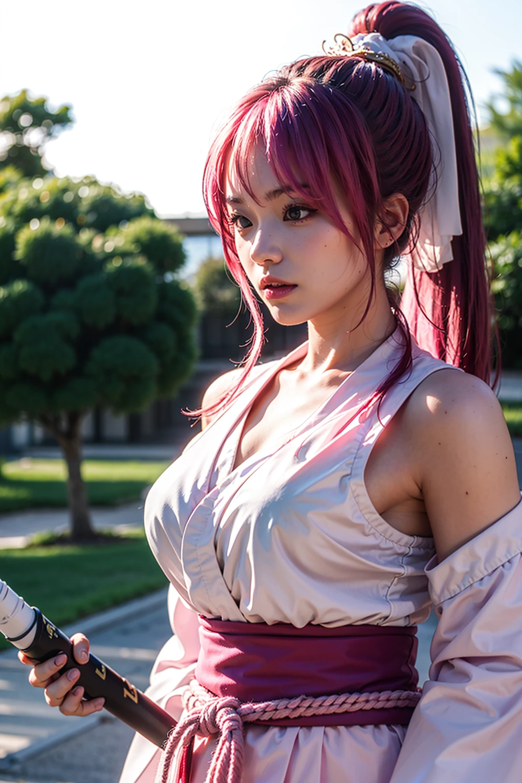 masterpiece, best quality, highres,  <lora:megumi_V1:1> 1Japanese girl, mgmaikw, pink hair, ponytail, miko,  large sword