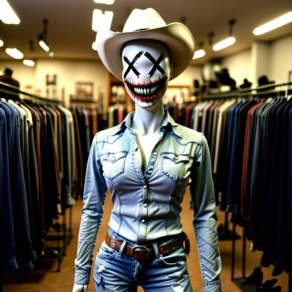 XXD face, solo, 1girl, female, mannequin, creepy wide grin, X-eyes, cowboy shot, cowboy clothes, wil west,