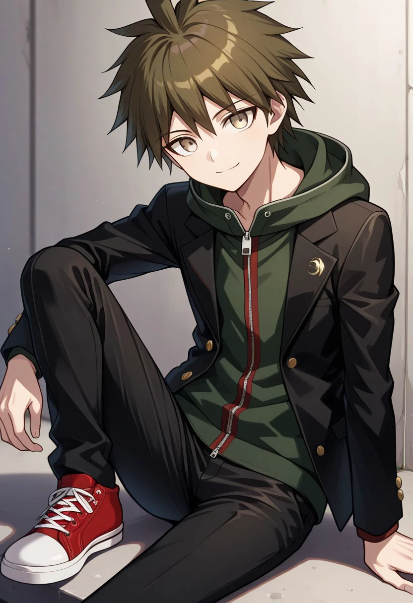 masterpiece, best quality,
naegimakoto, 1boy, male focus, solo, brown eyes, brown hair, short hair, bangs, hahoge, hoodie, hood, green hoodie, zipper, zipper pull tab, jacket, black jacket, long sleeves, open jacket, open clothes, buttons, pants, black pants, shoes, sneakers, red footwear,
indoor, smile