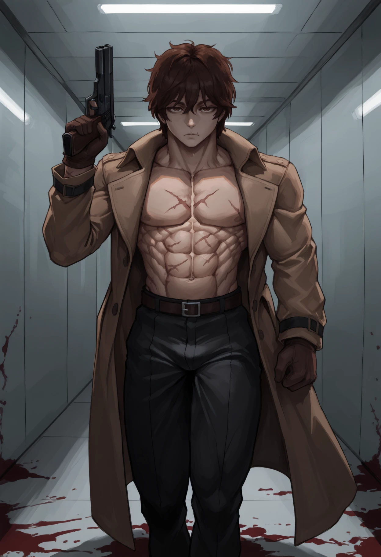 masterpiece, best quality, 1boy,brown hair, brown eyes, short hair, mole above mouth,  hair between eyes,
muscular male, male focus, abs, toned, biceps, pectorals,
multiple scars, scar on arm, scar on chest,
expressionless, looking at viewer, holding gun, handgun, hand up, brown coat, trench coat, long sleeves, topless male, open clothes, open coat, brown gloves, black pants, bulge, blood, blood on floor, indoors, hallway
<lora:hnmbk_idxl_EliPot:1>