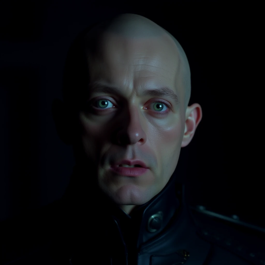 cinematic film still of  <lora:1990's style Dark City v1:0.8>
In 1990's Closeup, In the 90's  neo-noir science fiction film Strangers antagonists bald pale skin outlanders a bald man with blue eyes stares into the camera, solo, looking at viewer, 1boy, closed mouth, male focus, black background, portrait, realistic, dark, bald, horror movie themed, sharp, detailed, epic cinematic photography, artistic, dramatic light, cinematic color style, Kodak film style, dark city style, blue eyes, shallow depth of field, vignette, highly detailed, high budget, bokeh, cinemascope, moody, epic, gorgeous, film grain, grainy