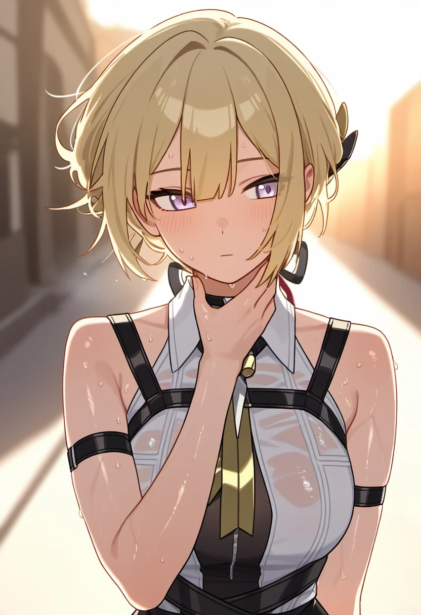 1girl, solo, evelyn chevalier, purple eyes, blonde hair, short hair, 
collared shirt, white shirt, bare shoulders, yellow jewelry, necktie, high-waist pants, arm strap, chest harness, thigh strap,
expressionless, looking_to_side, hand_on_chin, sunset_sky, standing_pose, wind_in_hair, shadow_on_skin, soft_blush, depth_of_field, blurred_background, bare_shoulders, close-up_face, long_hair, minimalist_composition, soft_lighting, serene_expression, warm_colors, elegant_pose, suggestive
, wet skin, oily skin, sweat, masterpiece, absurdes, <lora:Character_Evelyn Chevalier:1>