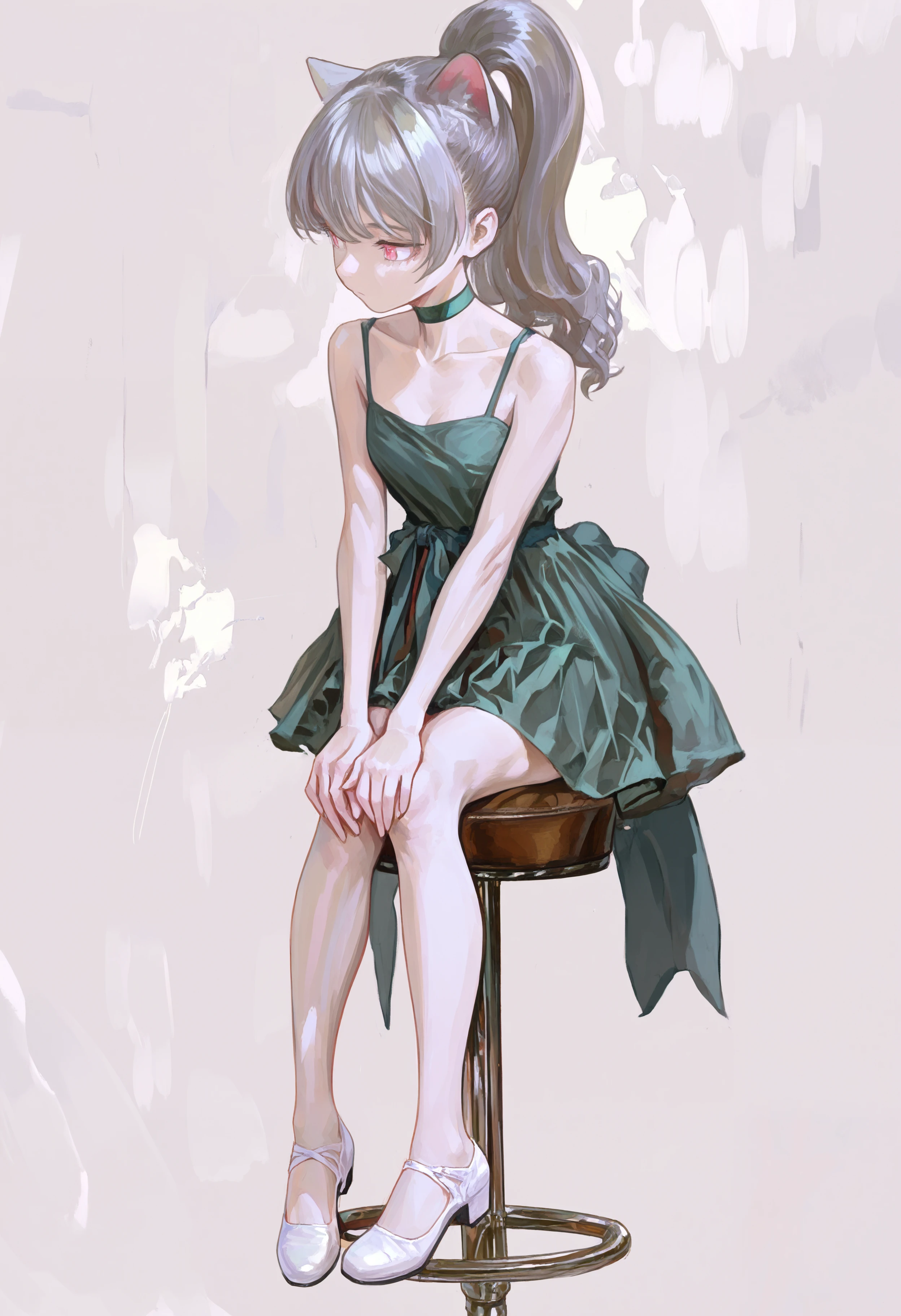 masterpiece, highres, absurdres, newest, very awa, painting \(medium\), (flat color:1.1), negative space,  1girl, solo, grey hair, pink eyes, cat ears, high ponytail, green dress, collarbone, green choker, waist ribbon, short dress, white footwear,  sitting, stool, hands on own knees, three quarter view,   <lora:spo_sdxl_10ep_4k-data_lora_webui>,  <lora:illustrious_noobai_epsilon_pred_1_best_quality_v1:0.4>, <lora:FKEY_WAI>,