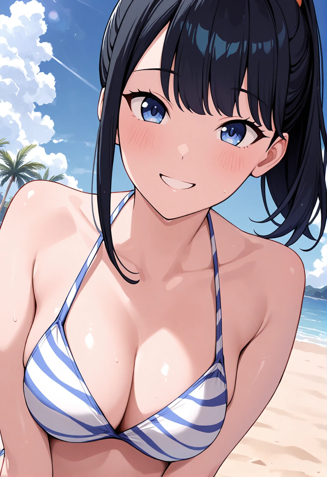 masterpiece, best quality, newest, absurdres, highres, Rikka Takarada, unique swimsuit, ponytail, looking at viewer, cute, smile, portrait, face only, front view, beach, water, sand, clouds, midday, palm trees,
<lora:Rikka Takarada_IL_Final:0.8>