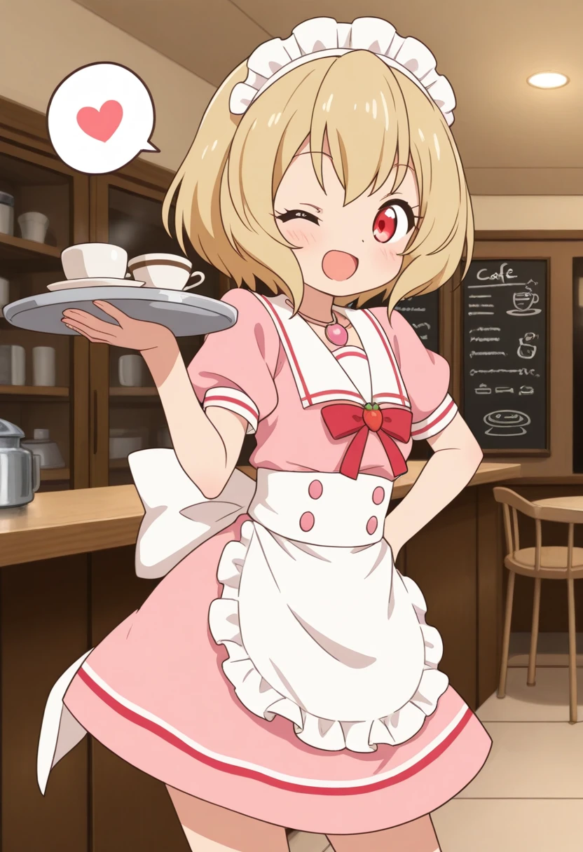 best quality, masterpiece, humansango, humansango, 1girl, solo, short hair, open mouth, smile, red eyes, back bow, blonde hair, cafe, maid outfit, maid headdress, tray, one eye closed, spoken heart, 