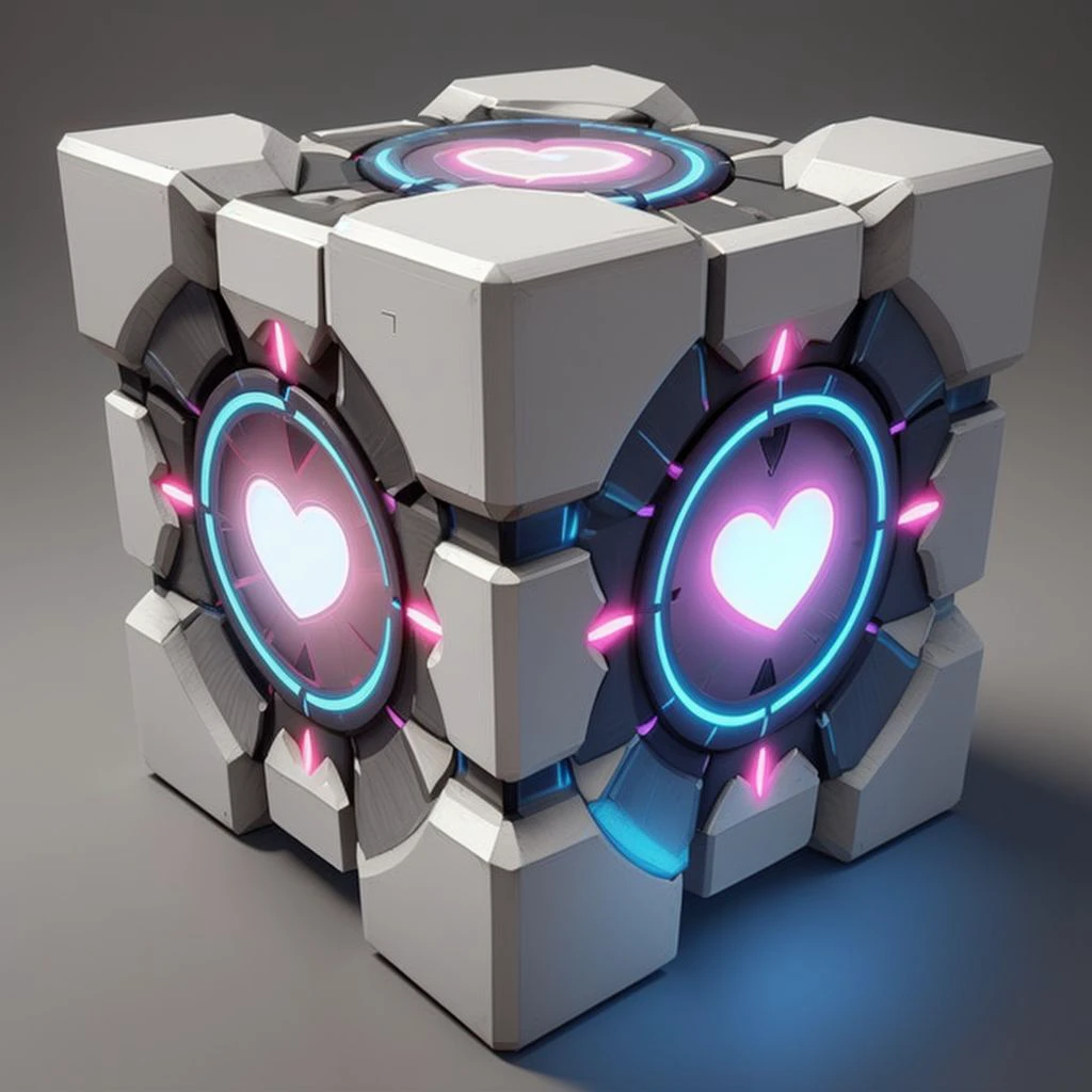 <lora:NV_ApatureTech_WM_SD:0.8> scifi , nv-aperturetech , glowing, 
heart shape , weighted companion cube,cube, scratches,