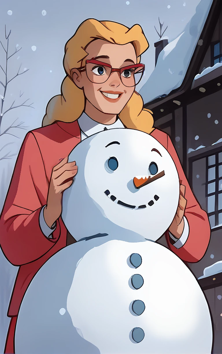 1girl, frbtas, pink jacket, blonde hair, white shirt, pink pants, glasses, smile, sn0wm4n, snowman, top hat, winter village scene, snowing, <lora:She-Bat_-_Batman_Animated_v1:0.9>, <lora:build_a_snowman_concept_v1:0.9>, score_9, score_8_up, score_7_up, score_6_up, score_5_up, score_4_up,