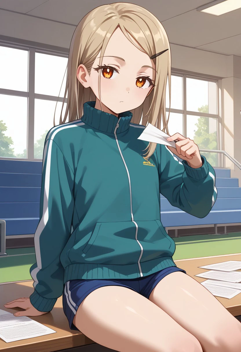 score 9, score 8 up, (masterpiece), best quality, expressive eyes, perfect face, hiro_s, looking at viewer, jacket, shorts, track jacket, holding, paper, hair ornament, sitting, long sleeves, indoors, hairclip, hiro_s