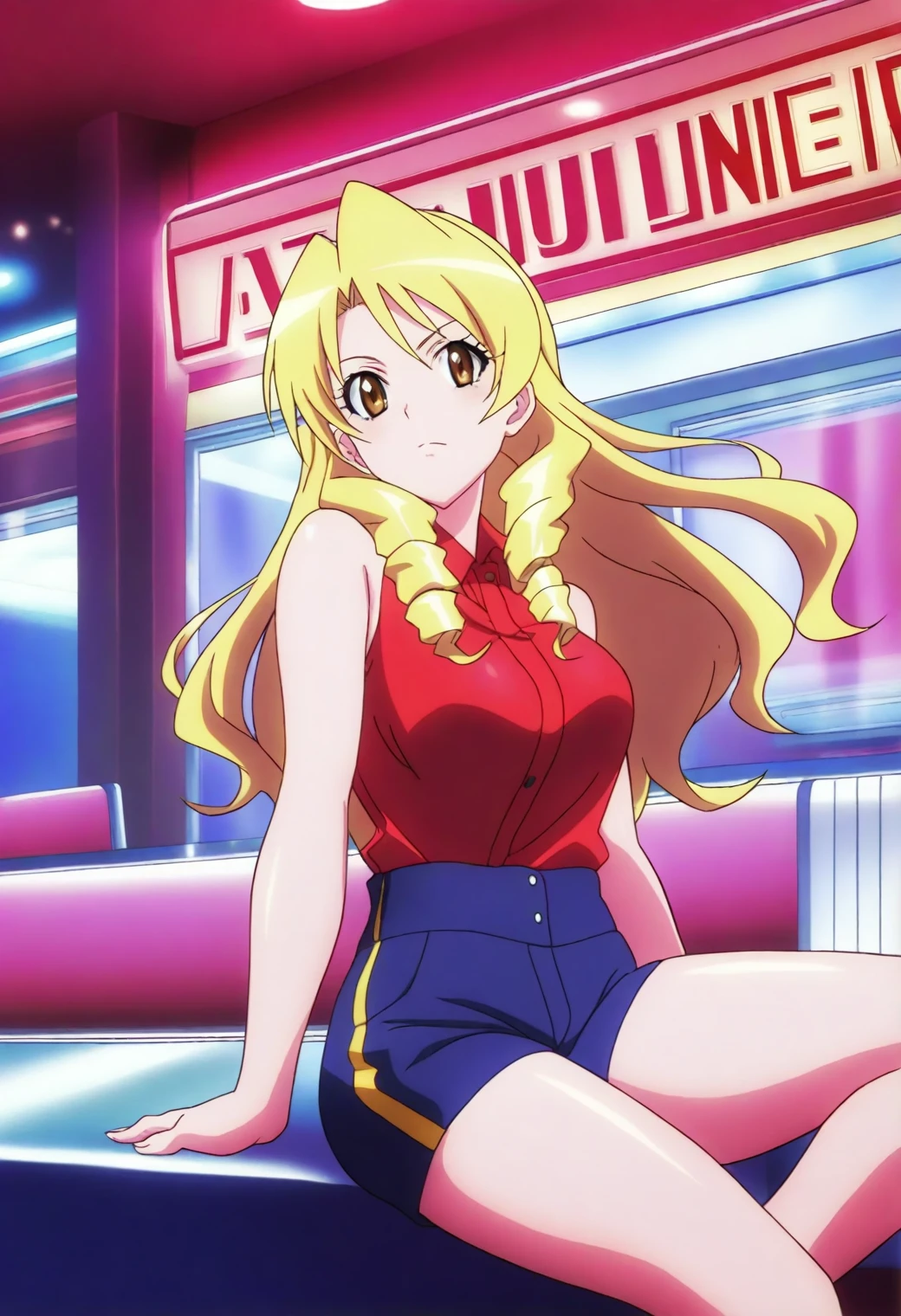 <lora:Saki Tenjouin - [To Love Ru] - illustriousXL v1:1>, sysdeep_saki, long hair, gold hair, twin drills, brown eyes, solo, Late-night diner, high-waisted shorts, sitting on counter, neon reflections