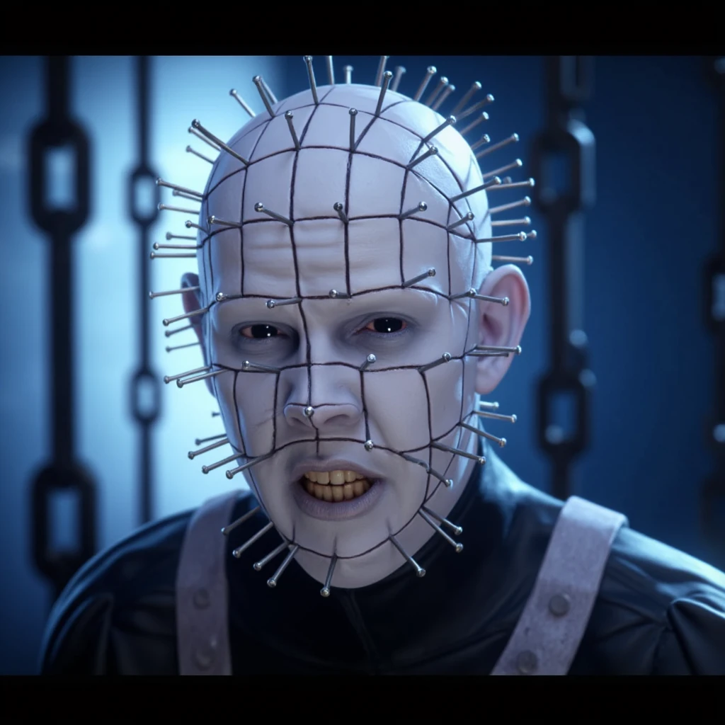 anime artwork of  <lora:Pinhead v1:0.9>
Pinhead a man with a pin head on his face 1980's, action, horror, movie themed, sharp, detailed, epic cinematic photography, artistic, dramatic light, cinematic color style, Kodak film style, Hellraiser style, solo, 1boy, male focus, teeth, black eyes, chain, letterboxed, realistic, bald, indoors, portrait, blue theme
, anime style, key visual, vibrant, studio anime,  highly detailed