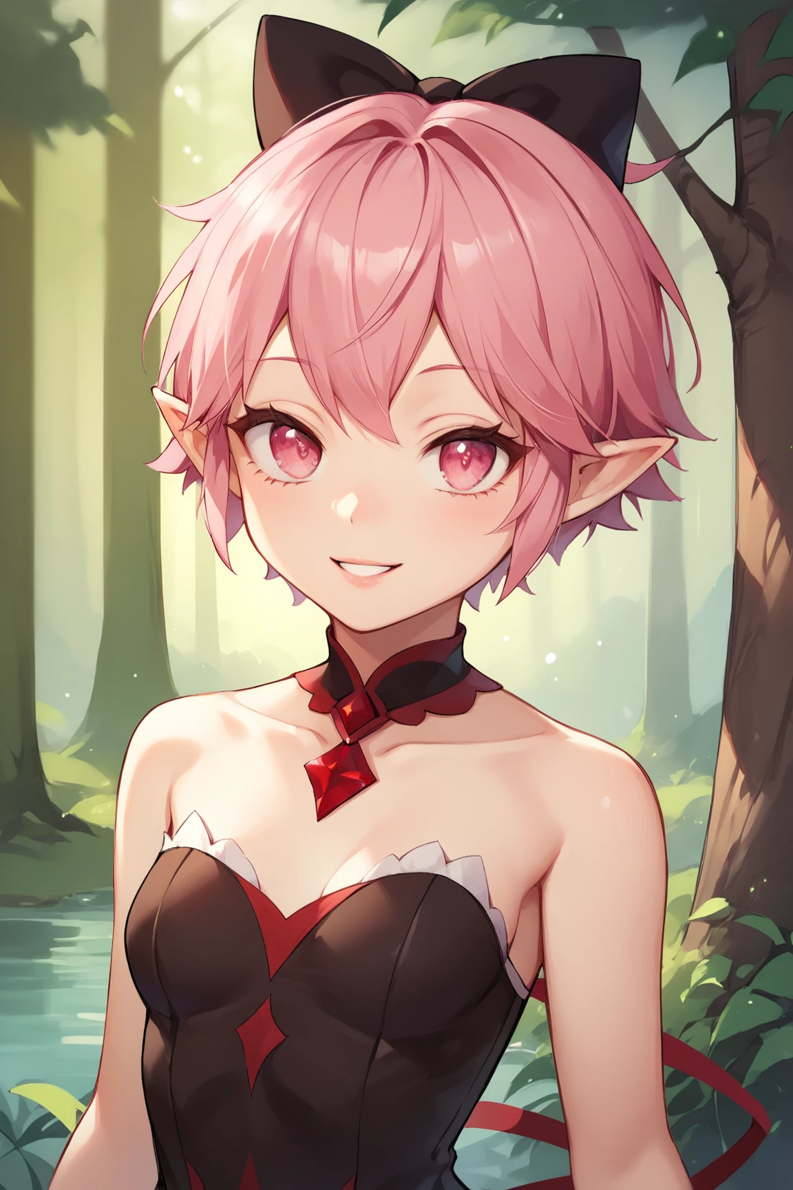 score_9, score_8_up, score_7_up, score_6_up, BREAK, NinaICPXL, pink eyes, pink hair, short hair, hair bow, black bow, pointy ears, small breasts, bare shoulders, red shocker, black dress, white skirt, solo, front view, (portrait, upper body, seductive smile, looking at viewer, forest <lora:NinaICPXL:0.8>