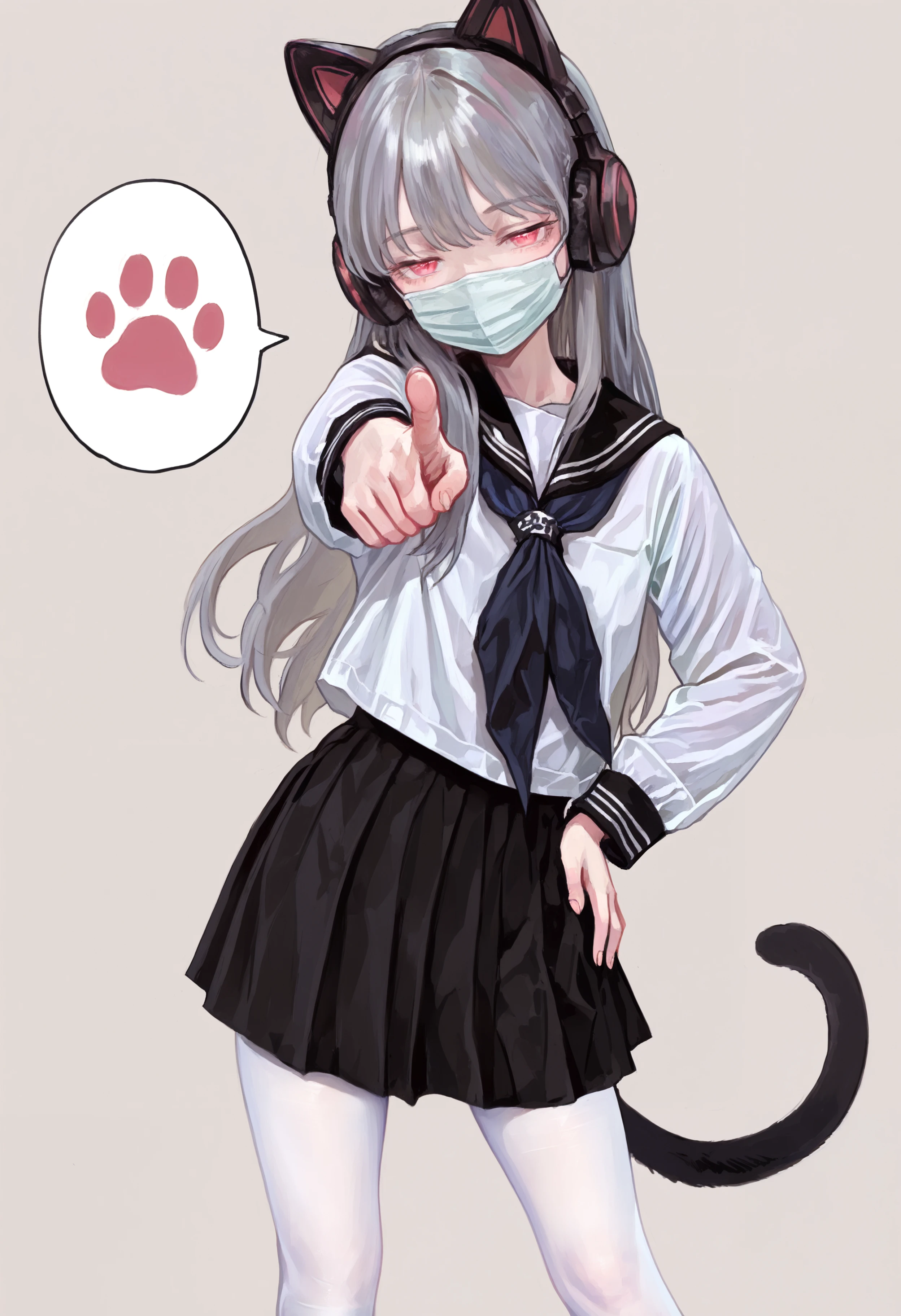 masterpiece, highres, absurdres, newest, very awa, painting \(medium\), (flat color:1.1), simple background, speech bubble,  1girl, solo, grey hair, pink eyes, cat ear headphones, cat tail, school uniform, black sailor collar, white shirt, black skirt, white pantyhose, surgical mask, half-closed eyes, lifted by tail,   reaching towards viewer, pointing at viewer, three quarter view, hand on own hip, contrapposto,   <lora:spo_sdxl_10ep_4k-data_lora_webui>,  <lora:illustrious_noobai_epsilon_pred_1_best_quality_v1:0.4>, <lora:FKEY_WAI>,