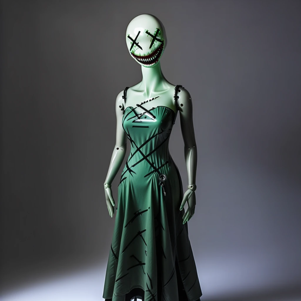 XXD face, solo, 1girl, female, mannequin, dark theme, futuristic, plastic body, long green dress, creepy sewn smile, crossed-out eyes, high detail, studio lighting, unsettling atmosphere.