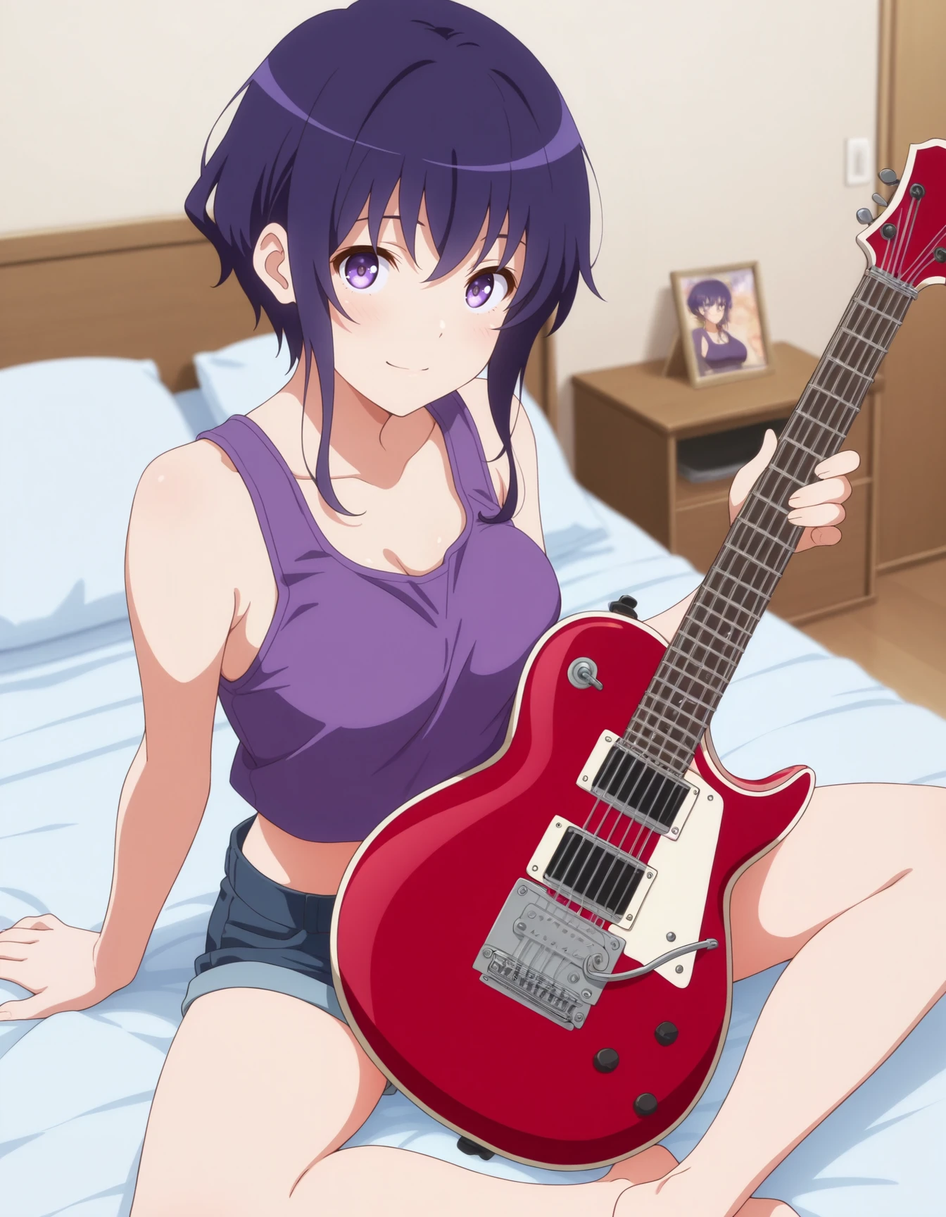 masterpiece,best quality,amazing quality,1girl,solo,light smile BREAK  
Michiru <lora:IL-Michiru:1>,purple hair,short hair,purple eyes,sidelocks,medium breasts, purple tank top,denim shorts,midriff, guitar, 
looking at viewer,indoors, butterfly sitting, on bed