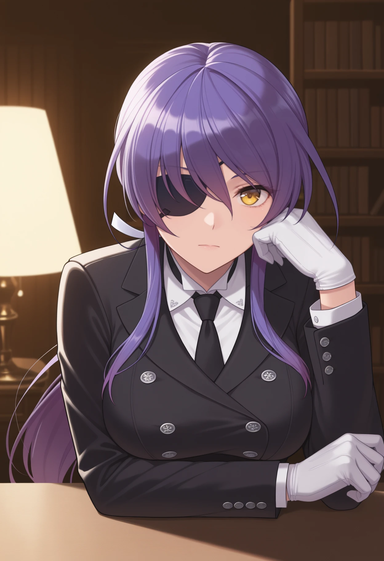 masterpiece, best quality, upper body, solo, 1girl, shiki reika, expressionless, looking at viewer, elbows on table, long hair, purple hair, ponytail, yellow eyes, eyepatch, formal, black jacket, buttons, double-breasted, long sleeves, white shirt, collared shirt, black necktie, white gloves, indoors, table, bookshelf, desk lamp, book
<segment:yolo-face_yolov8m.pt,0.4,0.5//cid=1>