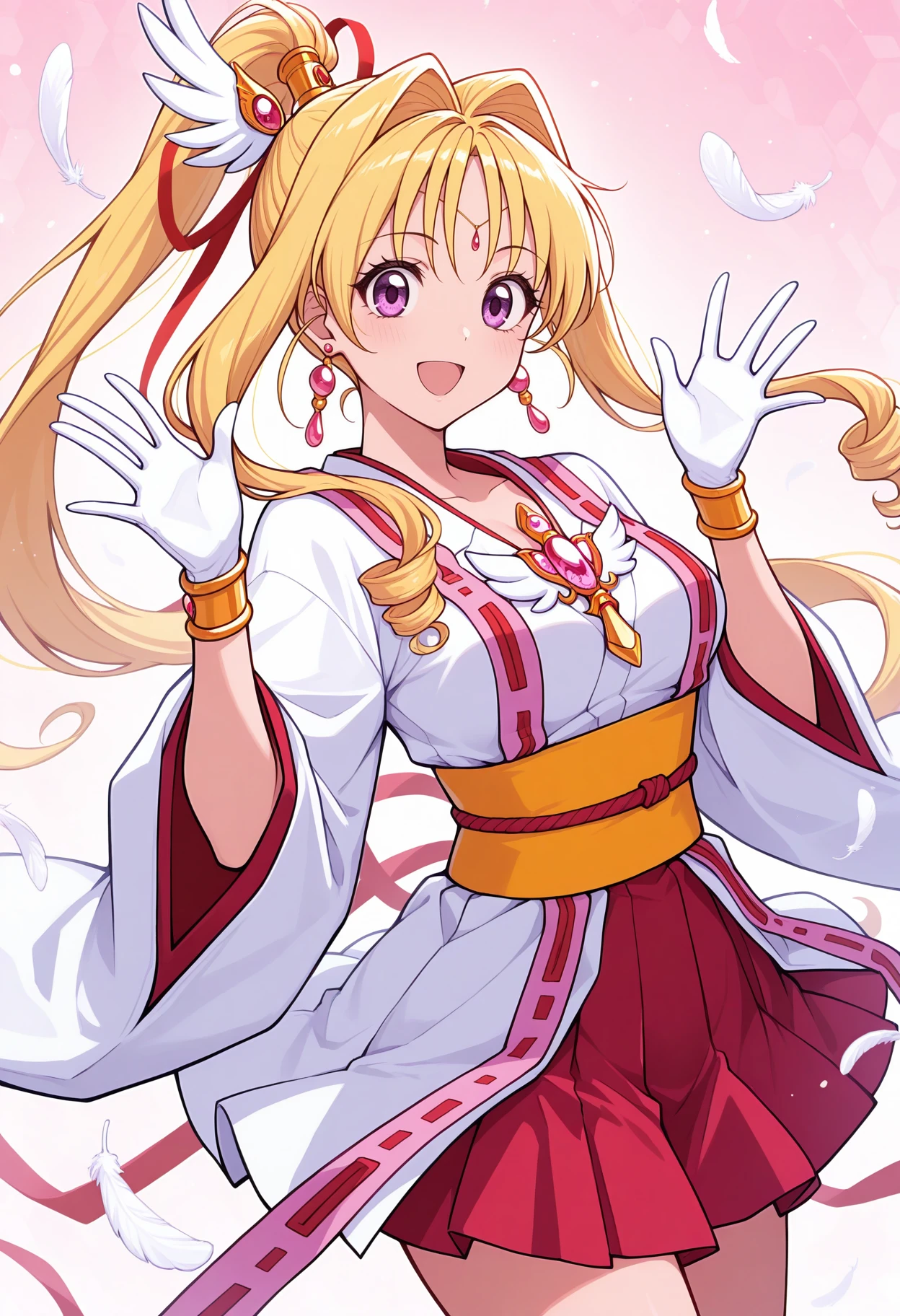 masterpiece,best quality, kkjeanne, 1girl, magical girl,  blonde hair, forehead jewel, white gloves, drill hair, high ponytail, long hair, earrings, red skirt, purple eyes, bracelet, wide sleeves, sash, abstract background, feathers, waving, looking at viewer, red ribbon, japanese clothes, hair intakes,<lora:kmaron:1>,