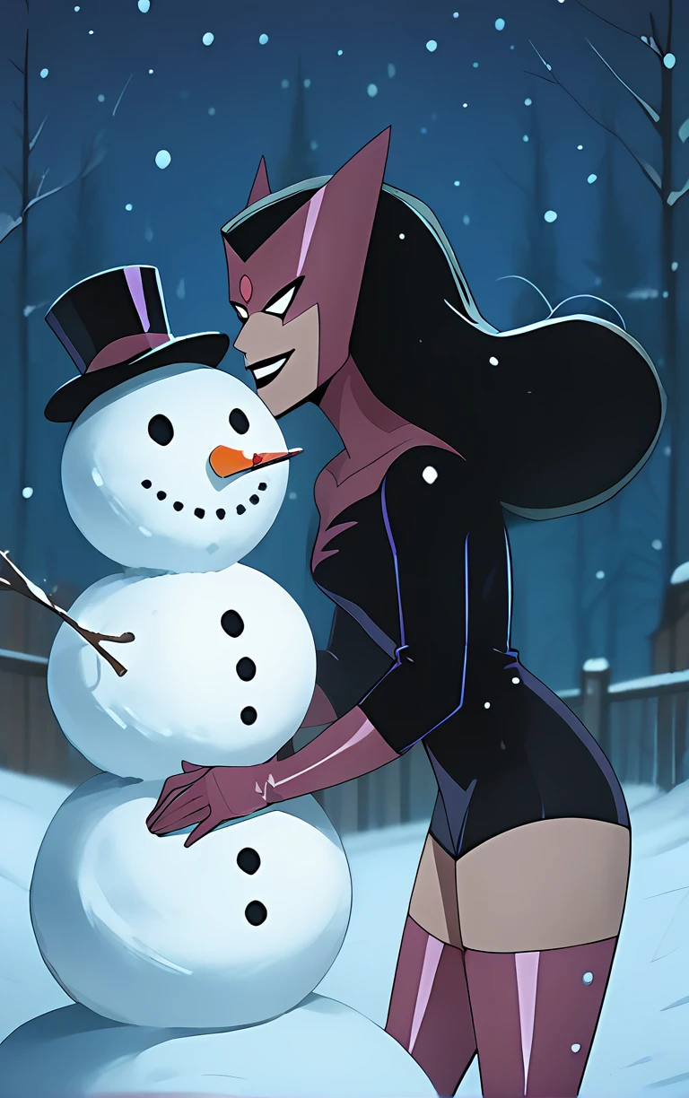 1girl, ssjlu, purple bodysuit, purple thighhighs, smile, profile, sn0wm4n, snowman, top hat, winter village scene, snowing, night, <lora:Star_Sapphire_-_Justice_League_Appearance__DCAU:1.0>, <lora:build_a_snowman_concept_v1:1.0>, score_9, score_8_up, score_7_up, score_6_up, score_5_up, score_4_up,