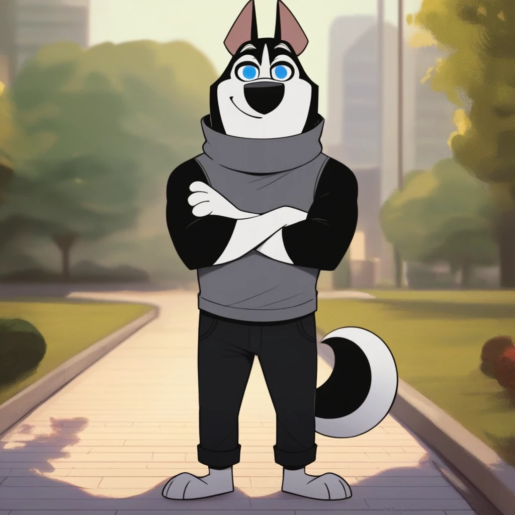 score_9, score_8_up, score_8, score_7, source_cartoon, Hansel(101), solo, 1boy, anthro, male furry, dog, dog boy, Siberian husky, black and white fur, curved tail, pointed ears, blue eyes, black nose, full body, looking at viewer, standing, grey turtleneck sweater, black pants, arms crossed, eyes half closed, smiling, park setting,