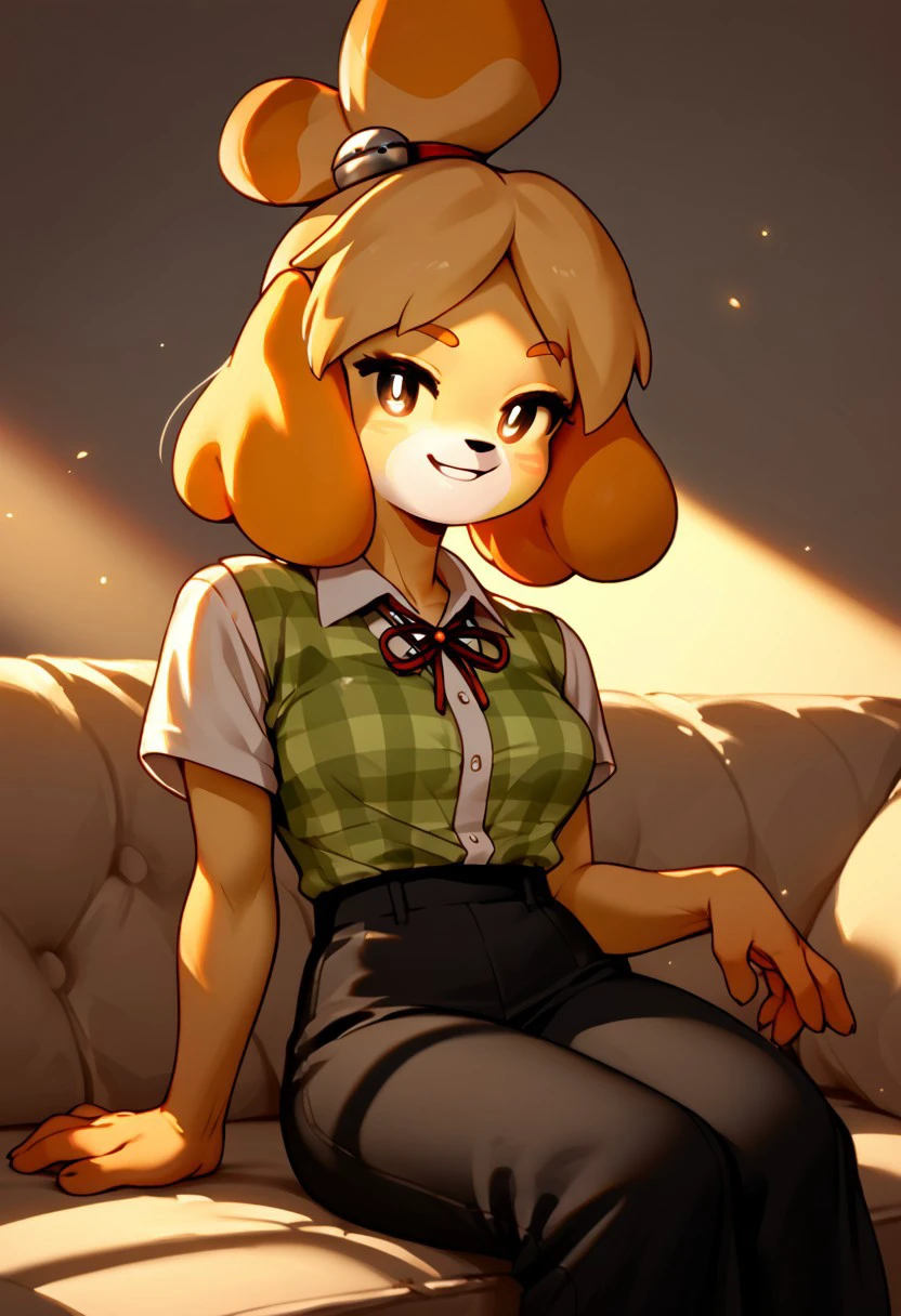 score_9, score_8_up, score_7_up, score_6_up, score_5_up, score_4_up, Isabelle, 1girl solo, W sitting, smirky facial expression, sensual hand expression, bedroom background, dim orange lighting, source_furry