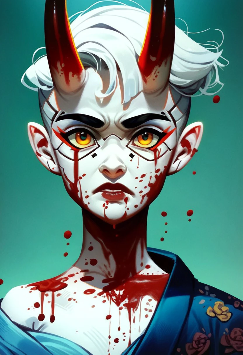 CuteCartoonStyle
, score_9, score_8_up, score_7_up, cinematic photo, porcelain white skin, blood dripping from lips, blood dripping down chest, blood red triple demon horns, white hair, dramatic lighting, dynamic pose, oni woman in kimono, cyberpunk, yellow_sun, teal background