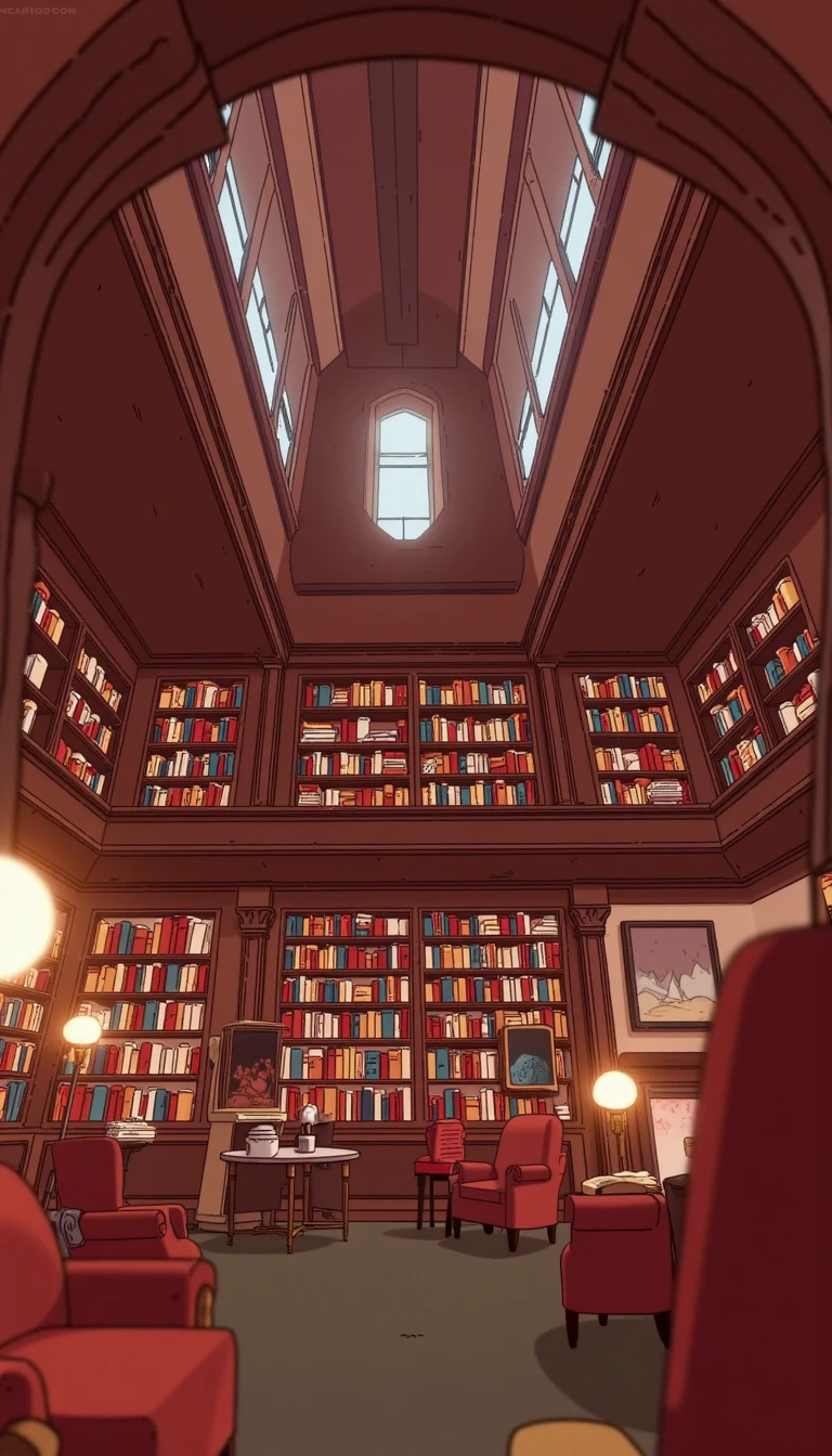 hildaserie, cartoon, detailed, 

interior, library, cozy, wooden shelves, books, comfortable seating, warm lighting, inviting atmosphere

, no humans, epic, scenery, blurry, building, depth of field, intricate, natural light, dynamic palette 