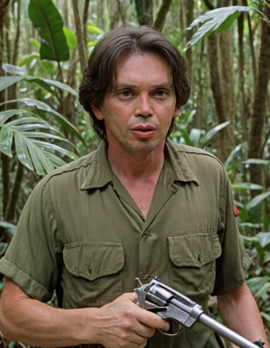 <lora:Donnie (1):1> donnie_person, dark hair,  holding gun in the jungles of vietnam