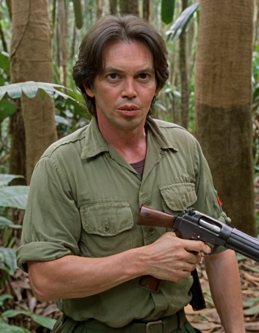 <lora:Donnie (1):1> donnie_person, dark hair,  holding gun in the jungles of vietnam