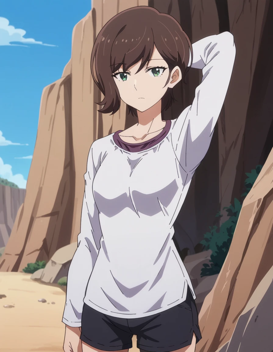 score_9, score_8_up, score_7_up, source_anime, <lora:kekkonsuru-kaori-s1-ponyxl-lora-nochekaiser:1>, kaori, short hair, brown hair, green eyes, medium breasts, anime screencap,, shirt, long sleeves, collarbone, white shirt, shorts,, canyon, cliffs, desert, rocky, open, , hand behind head, , looking at viewer, solo,, dutch angle, cowboy shot