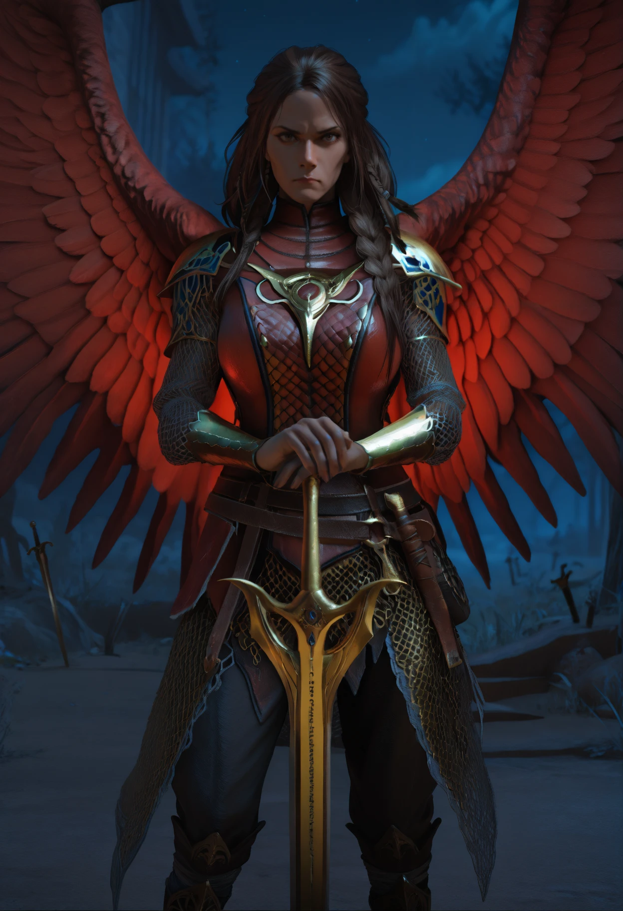 masterpiece, best quality, newest, absurdres, highres, realistic, photorealistic, dark, outdoors, night, closed mouth, 1girl, solo, gowfreya, brown eyes, long hair, brown hair, braid, Freya_tqa, gold chainmail, blue pauldrons, red Breastplate, black greaves, runestone belt, gold bracer, high collar, long sleeves, fishnet sleeves, serious, large wings, angel wings, red wings, holding sword, planted sword, hands on hilt, straight-on
<lora:gowfreya_Illustrious-000007:1>