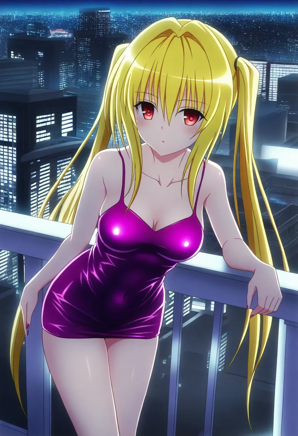 <lora:Konjiki no Yami - [To Love Ru] - illustriousXL v1:1>, sysdeep_yami, blonde hair, red eyes, twintails, long hair, solo, City rooftop, bodycon dress, leaning against railing, night skyline